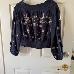 Free People Blue and White Puff Sleeve Smocked Blouse